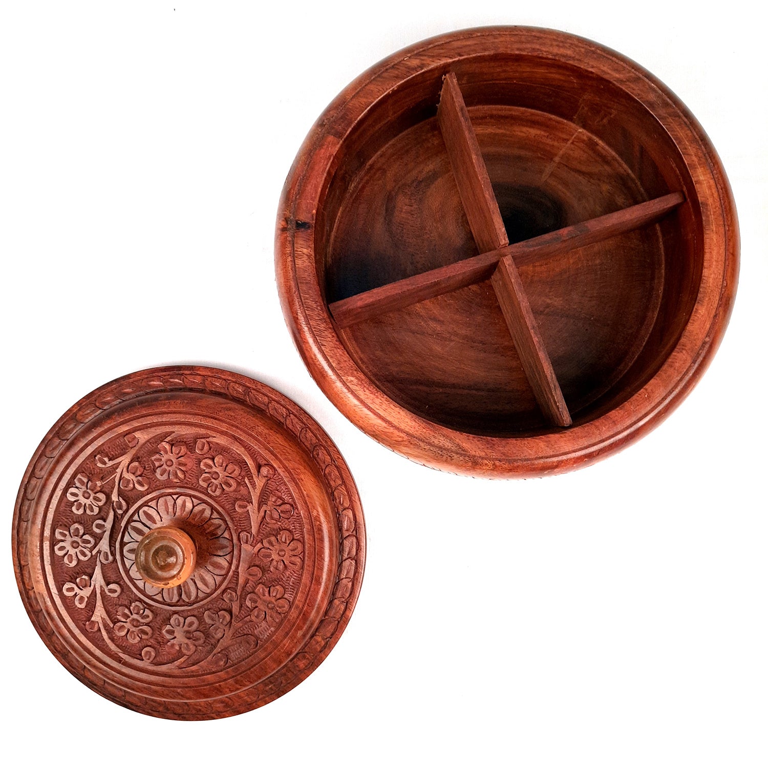 Wooden Dry Fruit Box with Lid With Beautiful Carving | Mukhwas Serving Bowl With Multiple Sections - For Kitchen & Dining Table - 7 Inch - Apkamart