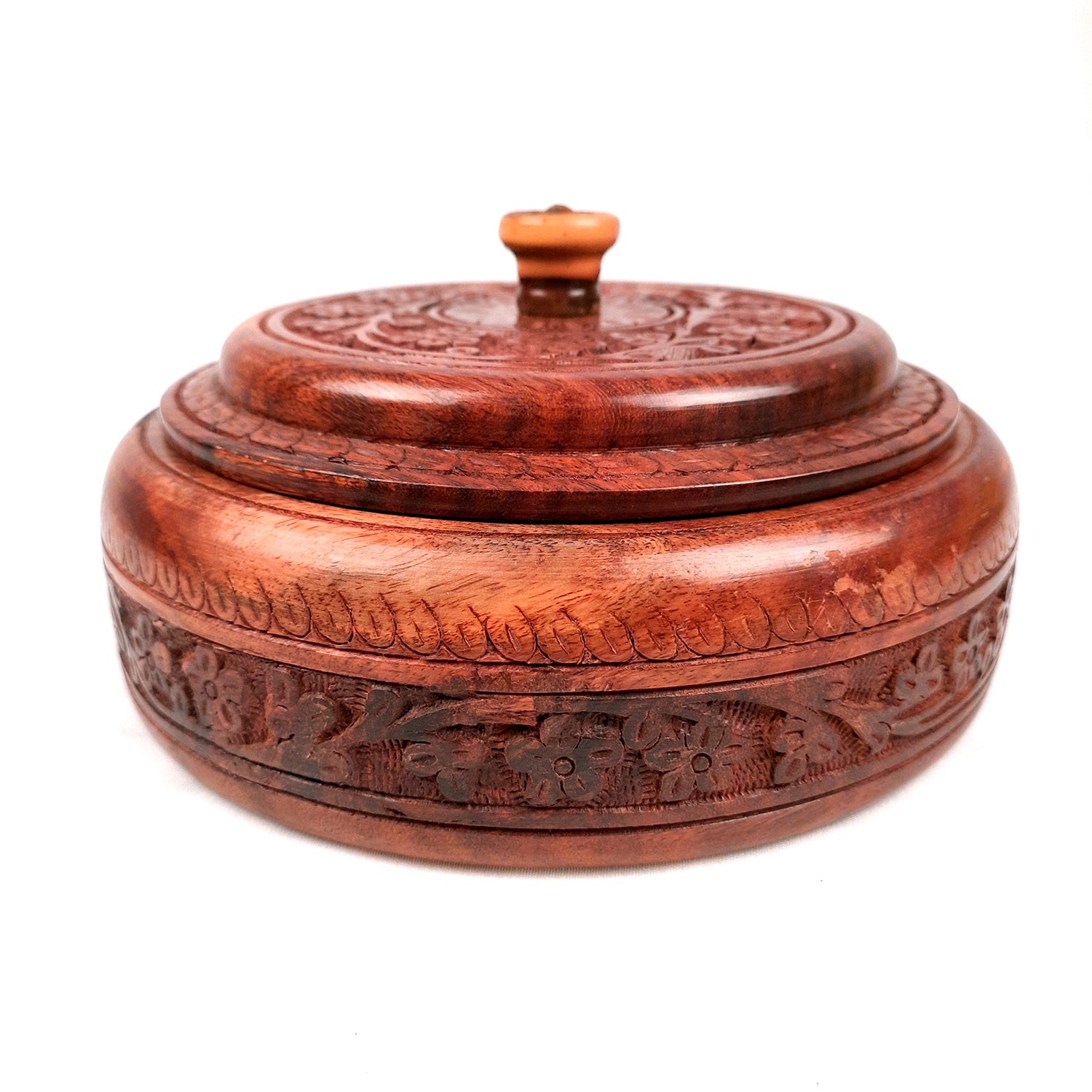 Wooden Dry Fruit Box with Lid With Beautiful Carving | Mukhwas Serving Bowl With Multiple Sections - For Kitchen & Dining Table - 7 Inch - Apkamart