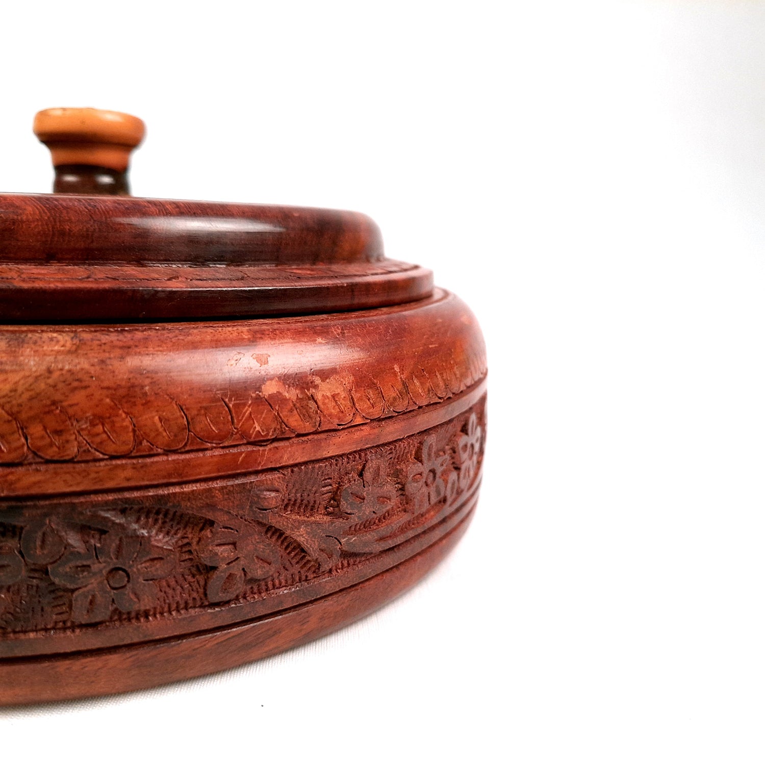 Wooden Dry Fruit Box with Lid With Beautiful Carving | Mukhwas Serving Bowl With Multiple Sections - For Kitchen & Dining Table - 7 Inch - Apkamart