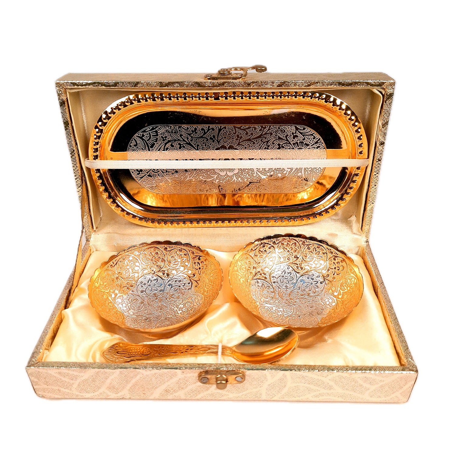 Dessert Bowls With Tray, Spoon & Gift Box | Dry Fruit / Mukhwas Serving Tray With Bowl - For Dining Table, Home & Kitchen Decor | Wedding, Housewarming & Diwal Gift Set - Apkamart