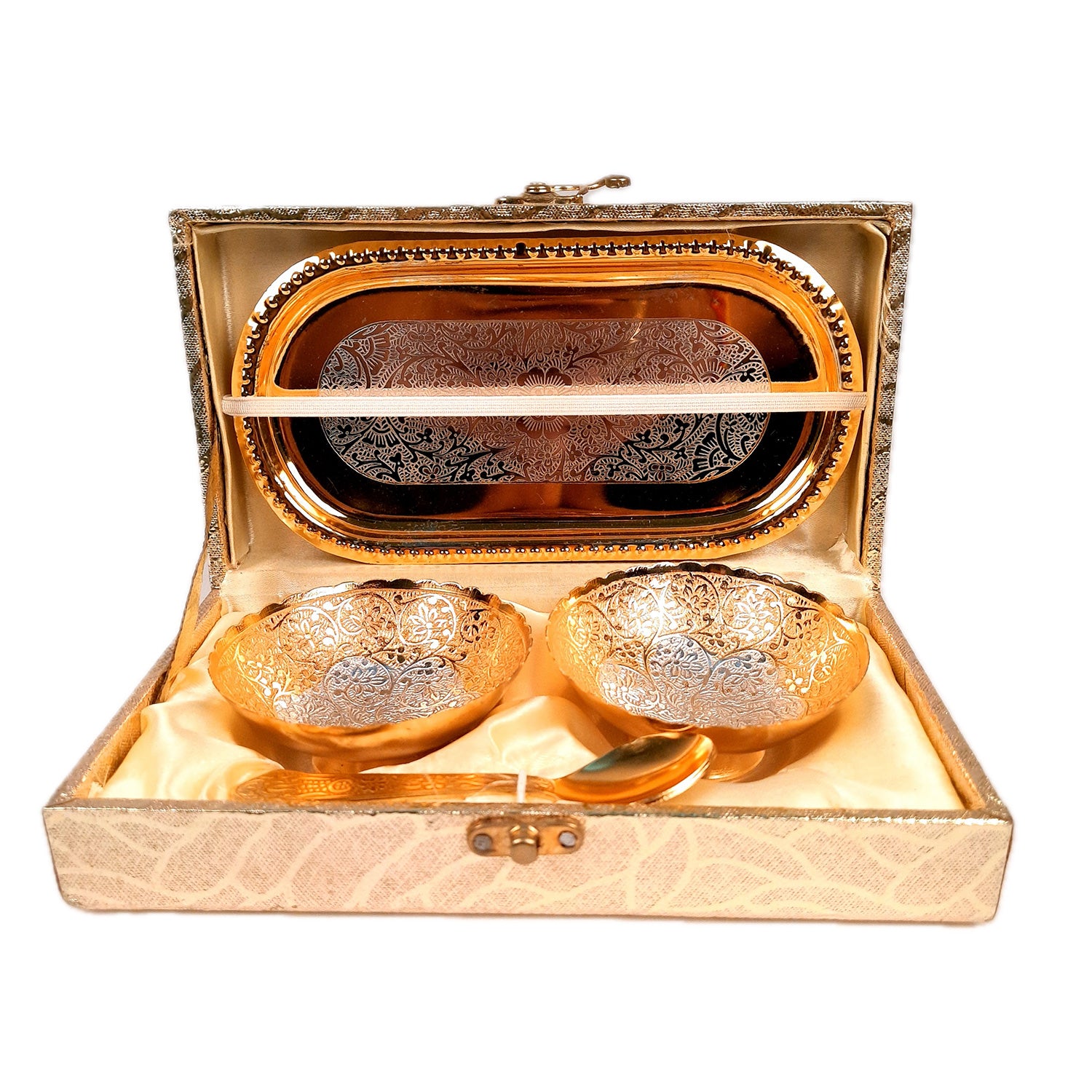 Dessert Bowls With Tray, Spoon & Gift Box | Dry Fruit / Mukhwas Serving Tray With Bowl - For Dining Table, Home & Kitchen Decor | Wedding, Housewarming & Diwal Gift Set - Apkamart