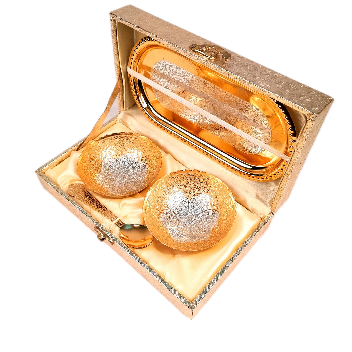 Dessert Bowls With Tray, Spoon & Gift Box | Dry Fruit / Mukhwas Serving Tray With Bowl - For Dining Table, Home & Kitchen Decor | Wedding, Housewarming & Diwal Gift Set - Apkamart