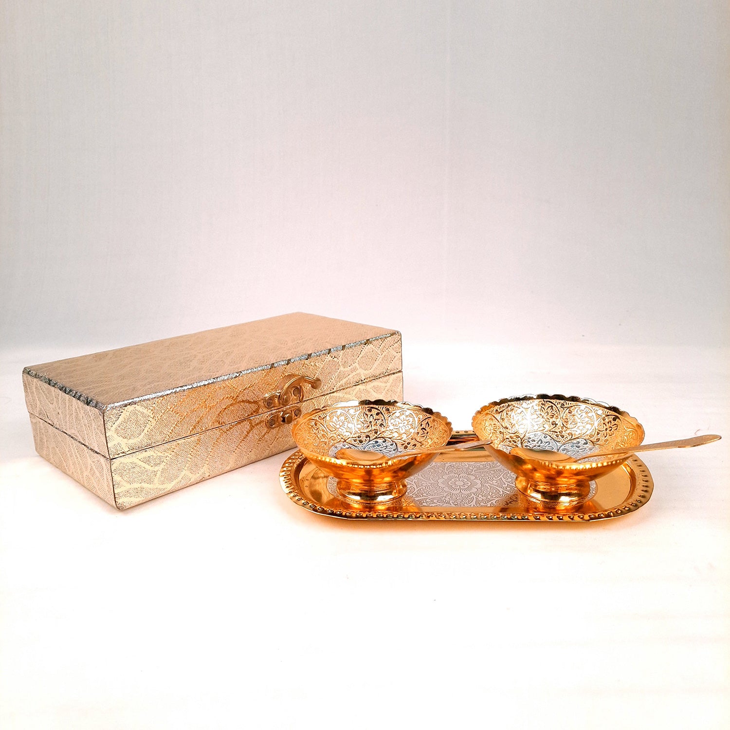 Dessert Bowls With Tray, Spoon & Gift Box | Dry Fruit / Mukhwas Serving Tray With Bowl - For Dining Table, Home & Kitchen Decor | Wedding, Housewarming & Diwal Gift Set - Apkamart