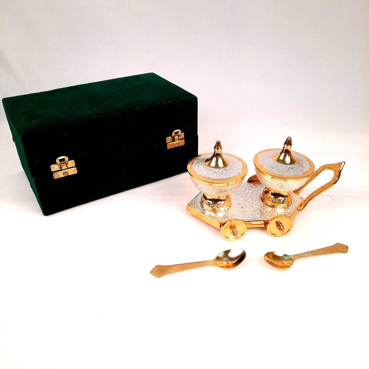 Dry Fruit Serving Bowls With Trolley | Mukhwas Bowl With Cart - For Dry Fruit, Chocolates, Mouth Freshener | Wedding & Diwali Gift Set - (LxH - 9x5 Inch) - Apkamart