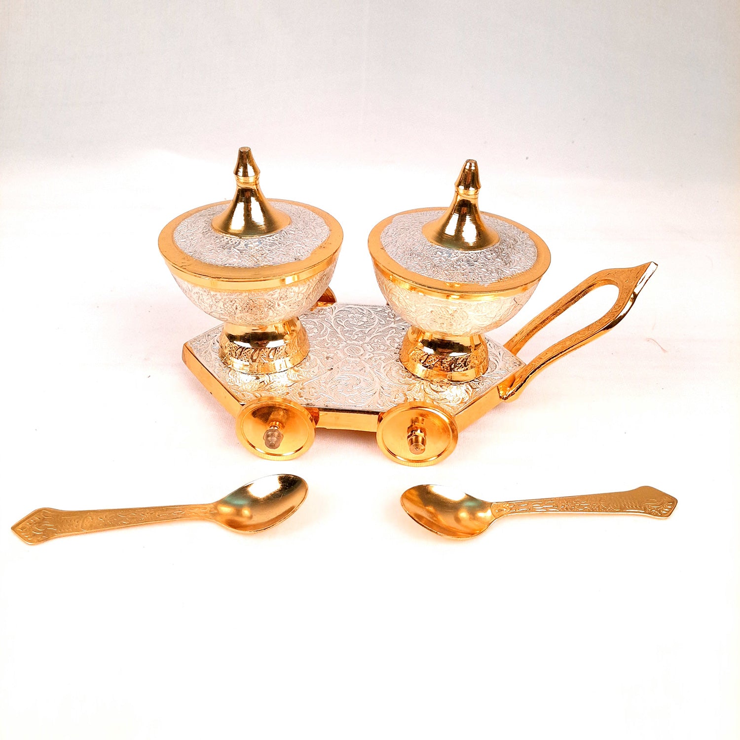 Dry Fruit Serving Bowls With Trolley | Mukhwas Bowl With Cart - For Dry Fruit, Chocolates, Mouth Freshener | Wedding & Diwali Gift Set - (LxH - 9x5 Inch) - Apkamart