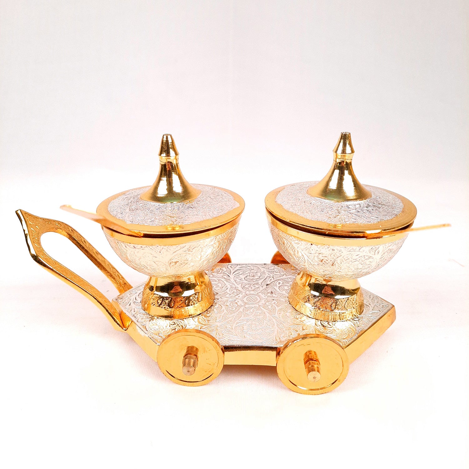 Dry Fruit Serving Bowls With Trolley | Mukhwas Bowl With Cart - For Dry Fruit, Chocolates, Mouth Freshener | Wedding & Diwali Gift Set - (LxH - 9x5 Inch) - Apkamart