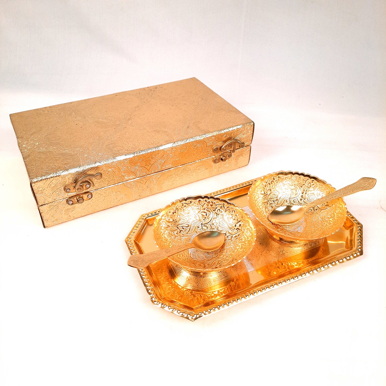 Dessert Bowls with Tray, Spoons & Gift Box | Dry Fruit/Mukhwas Serving Tray with Bowl - for Dining Table, Home & Kitchen Decor | Wedding, Housewarming & Diwal Gift Set - Apkamart