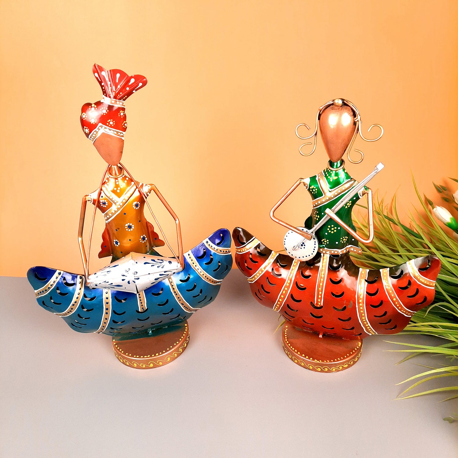 Tea Light Candle Holders - Musician Design | T Light Holder Cum Decorative Showpiece - For Table, Living Room, Shelf Decor & Gift - 14 Inch (Set of 2) - apkamart