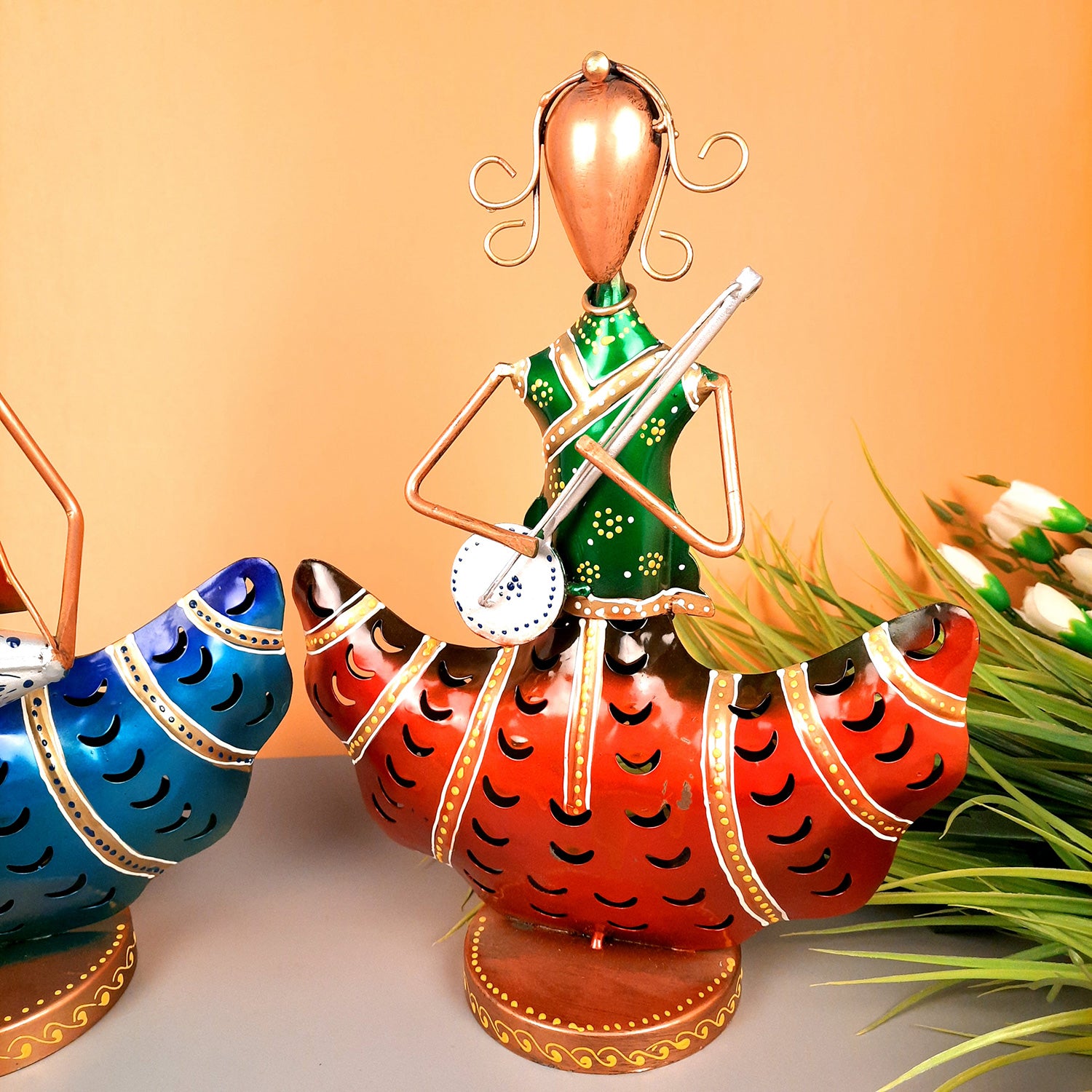 Tea Light Candle Holders - Musician Design | T Light Holder Cum Decorative Showpiece - For Table, Living Room, Shelf Decor & Gift - 14 Inch (Set of 2) - apkamart