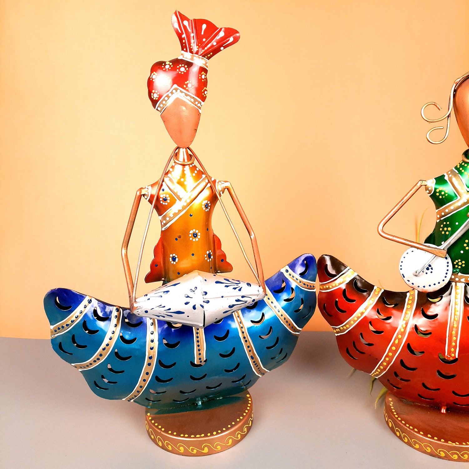 Tea Light Candle Holders - Musician Design | T Light Holder Cum Decorative Showpiece - For Table, Living Room, Shelf Decor & Gift - 14 Inch (Set of 2) - apkamart