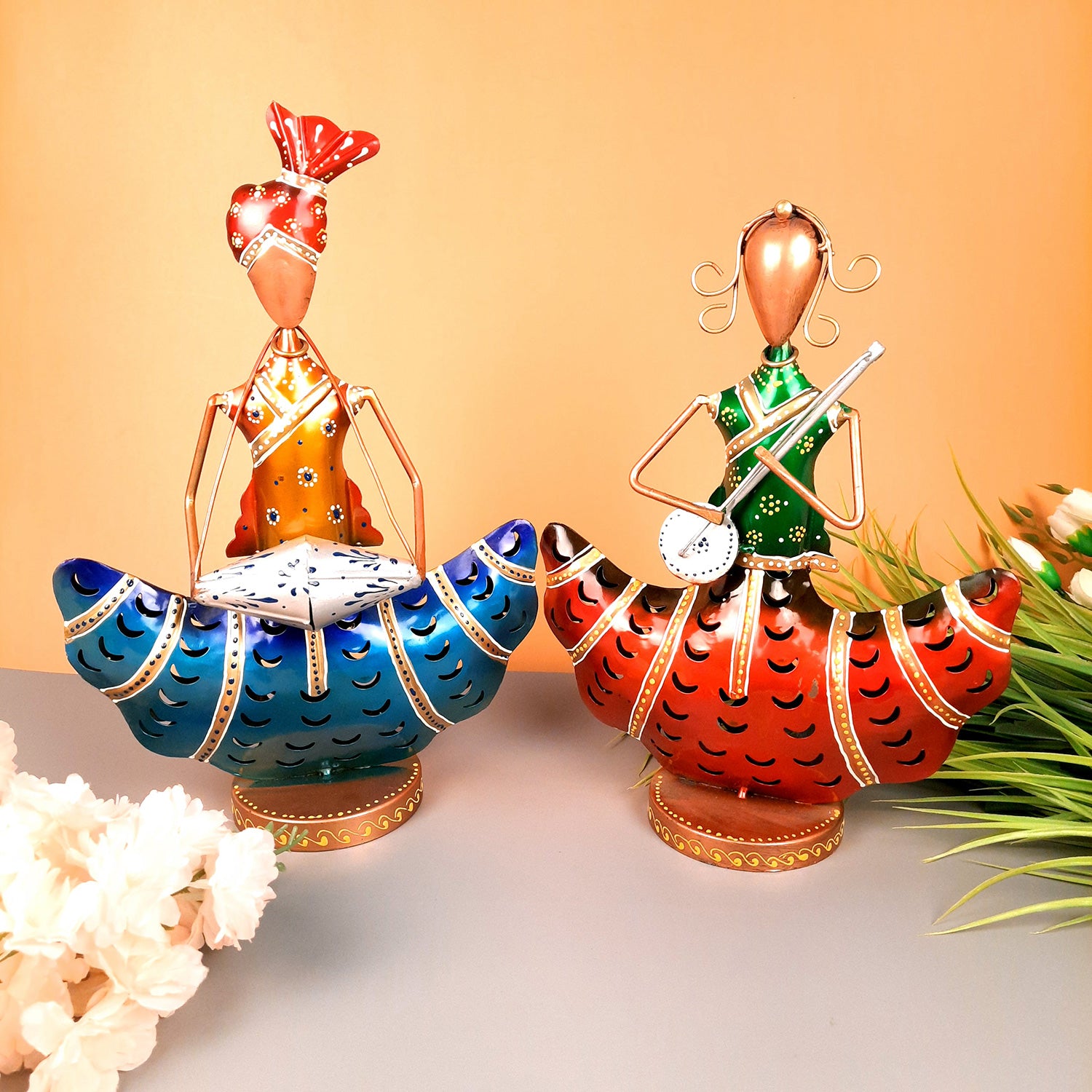 Tea Light Candle Holders - Musician Design | T Light Holder Cum Decorative Showpiece - For Table, Living Room, Shelf Decor & Gift - 14 Inch (Set of 2) - apkamart