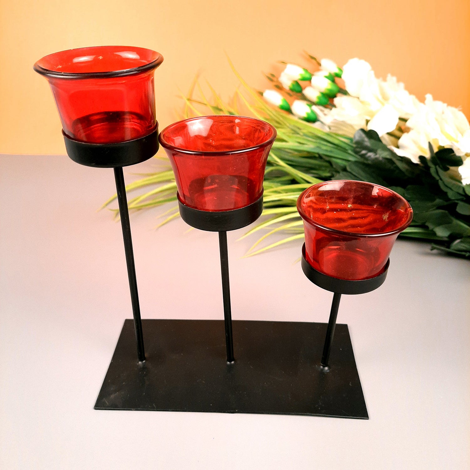 Tealight Candle Stand With 3 Glass Votive Holders | T light Holder - For Home, Living room, Table, Shelf Decor & Gift - Apkamart