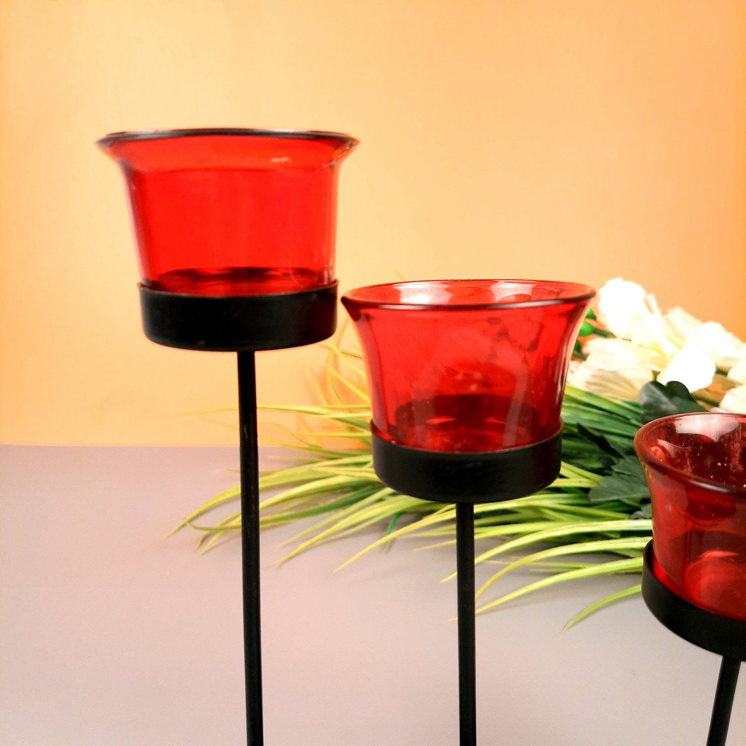 Tealight Candle Stand With 3 Glass Votive Holders | T light Holder - For Home, Living room, Table, Shelf Decor & Gift - Apkamart
