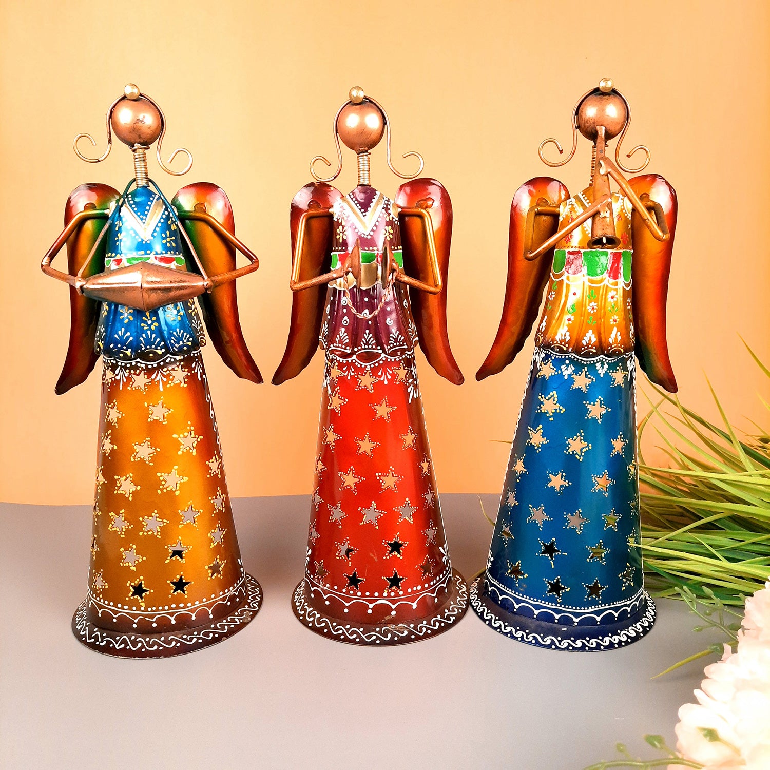 Tealight Holder Cum Decorative Showpiece - Angel Design | T Light Candle Holder - for Table, Shelf, Home, Living Room Decor & Gifts - 13 Inch (Set of 3) - Apkamart