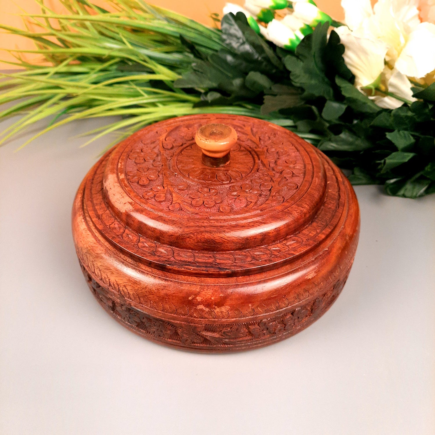 Wooden Dry Fruit Box with Lid With Beautiful Carving | Mukhwas Serving Bowl With Multiple Sections - For Kitchen & Dining Table - 7 Inch - Apkamart