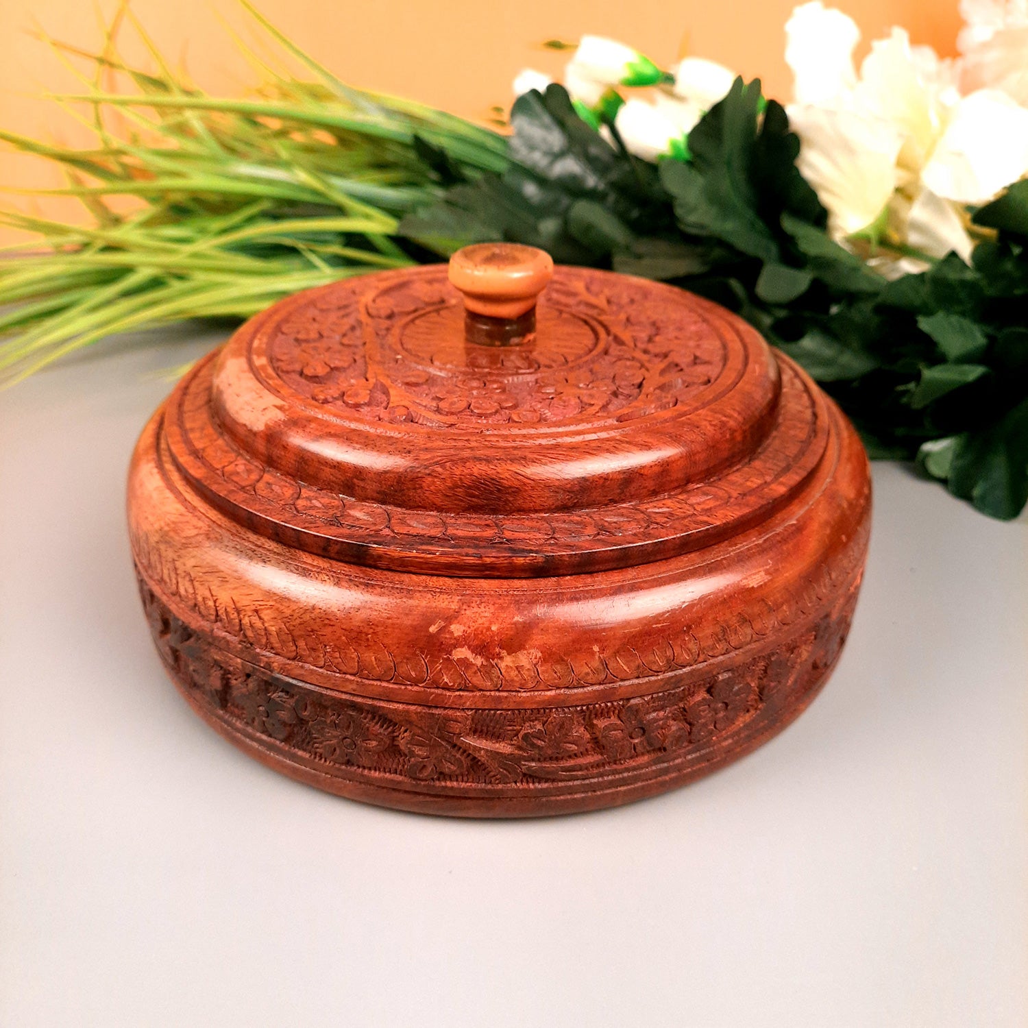 Wooden Dry Fruit Box with Lid With Beautiful Carving | Mukhwas Serving Bowl With Multiple Sections - For Kitchen & Dining Table - 7 Inch - Apkamart