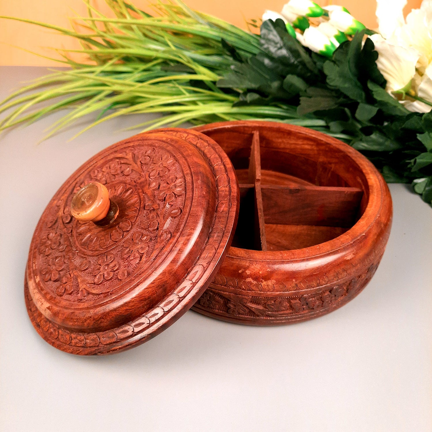 Wooden Dry Fruit Box with Lid With Beautiful Carving | Mukhwas Serving Bowl With Multiple Sections - For Kitchen & Dining Table - 7 Inch - Apkamart