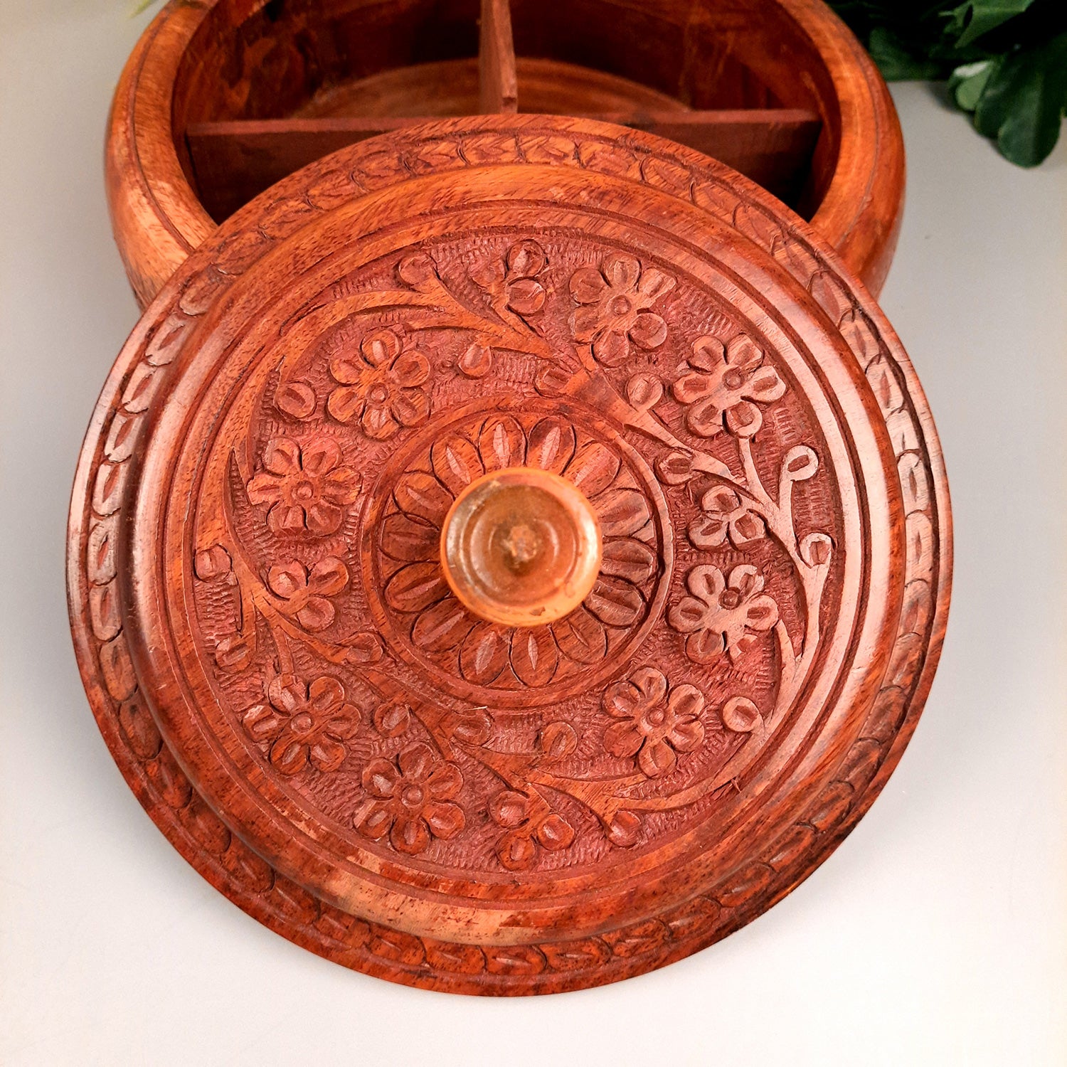 Wooden Dry Fruit Box with Lid With Beautiful Carving | Mukhwas Serving Bowl With Multiple Sections - For Kitchen & Dining Table - 7 Inch - Apkamart
