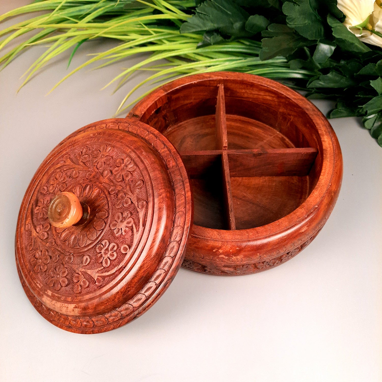 Wooden Dry Fruit Box with Lid With Beautiful Carving | Mukhwas Serving Bowl With Multiple Sections - For Kitchen & Dining Table - 7 Inch - Apkamart