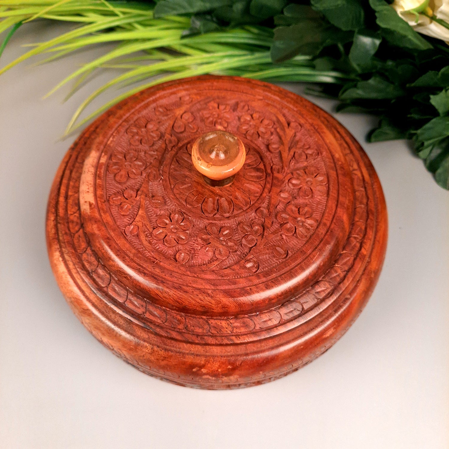 Wooden Dry Fruit Box with Lid With Beautiful Carving | Mukhwas Serving Bowl With Multiple Sections - For Kitchen & Dining Table - 7 Inch - Apkamart