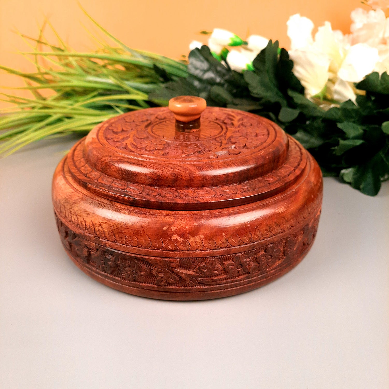 Wooden Dry Fruit Box with Lid With Beautiful Carving | Mukhwas Serving Bowl With Multiple Sections - For Kitchen & Dining Table - 7 Inch - Apkamart