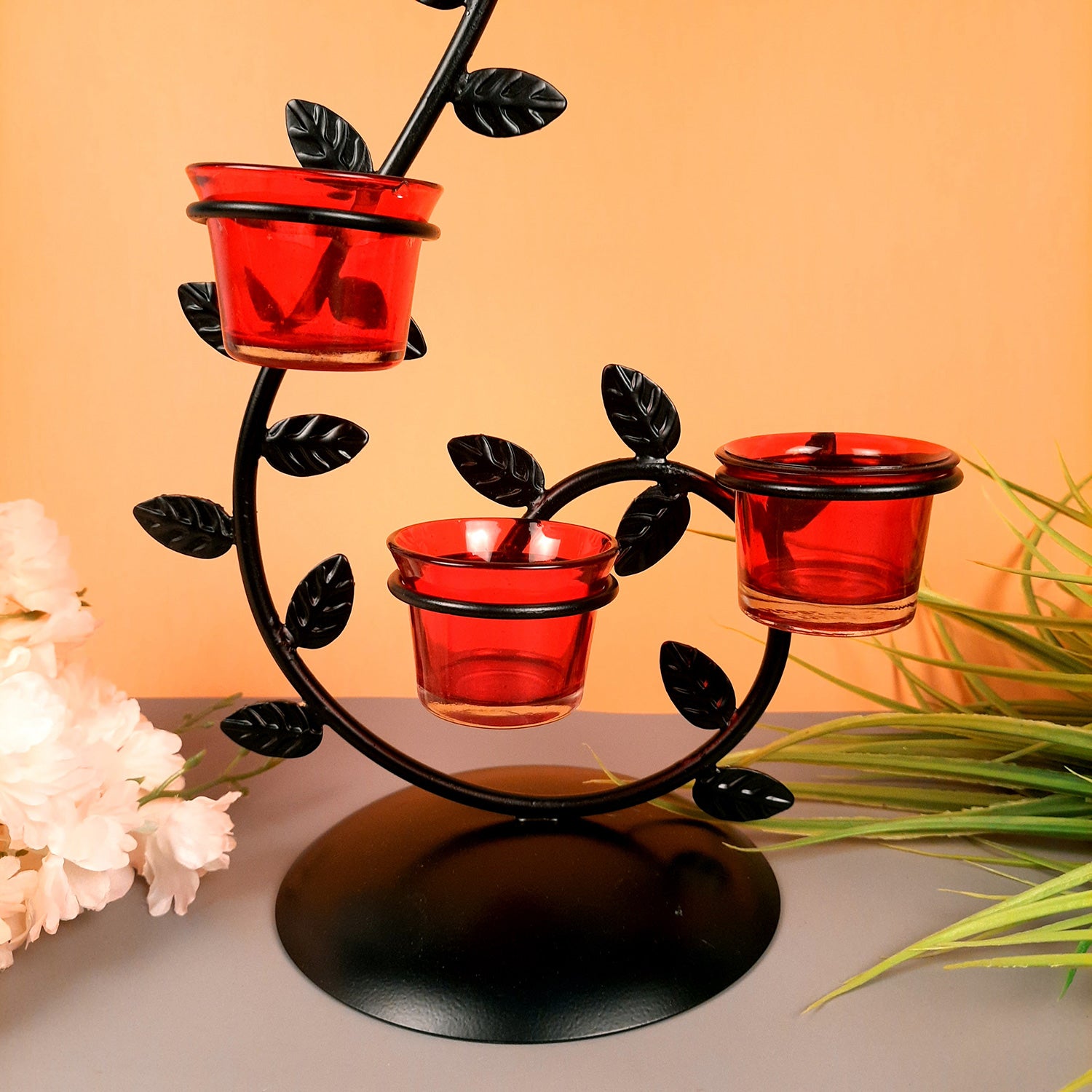 Tea Light Candle Holder With 4 Glass Votive | T Light Stand - for Living Room, Table, Home Decor & Gifts - 17 Inch - Apkamart