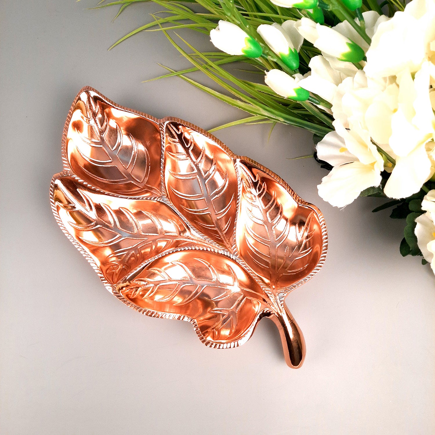 Dry Fruit Serving Tray - Leaf Design | Snacks / Mukhwas Plate With Multiple Sections - For Dining Table, Home Decor | Festival & Diwali Gift - 7 Inch - Apkamart