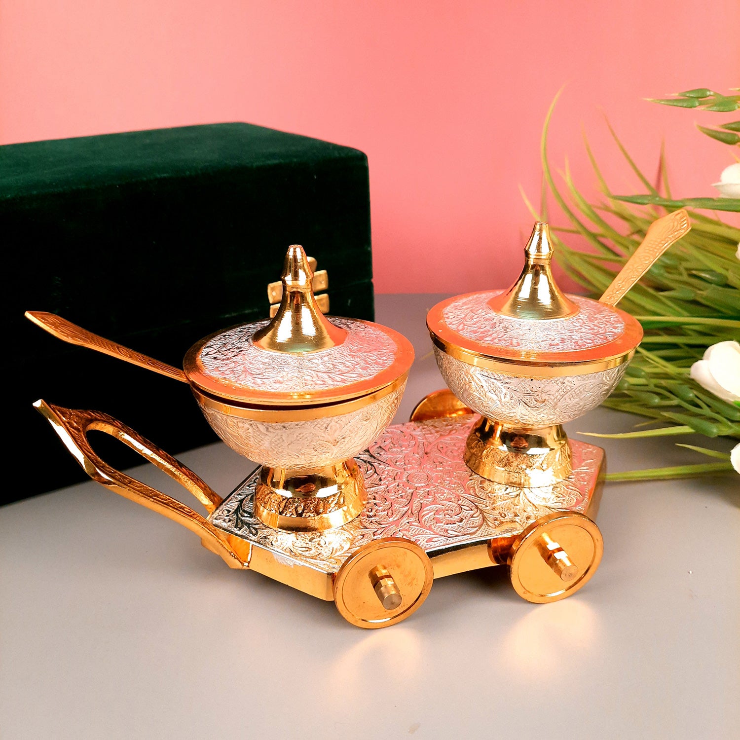 Dry Fruit Serving Bowls With Trolley | Mukhwas Bowl With Cart - For Dry Fruit, Chocolates, Mouth Freshener | Wedding & Diwali Gift Set - (LxH - 9x5 Inch) - Apkamart