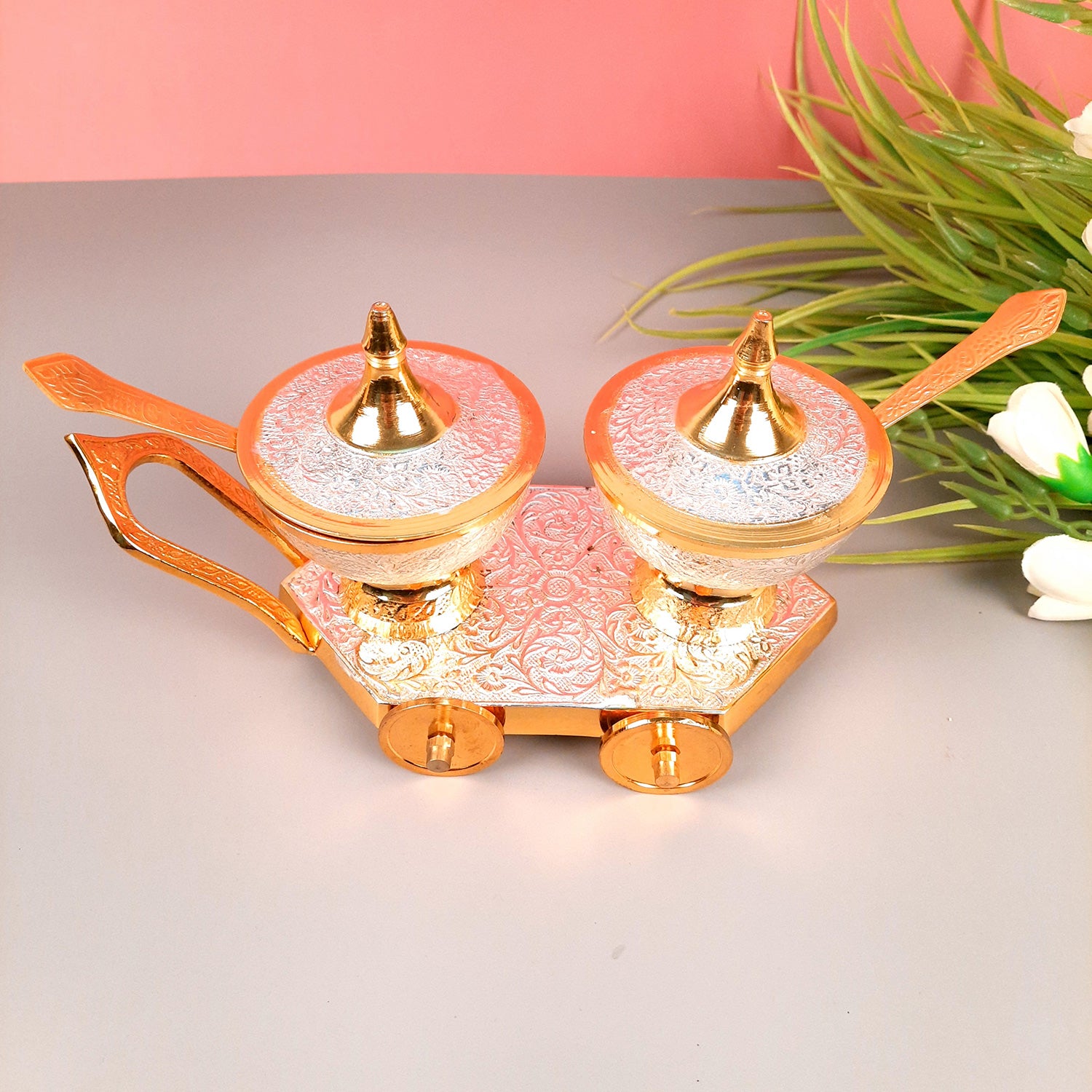 Dry Fruit Serving Bowls With Trolley | Mukhwas Bowl With Cart - For Dry Fruit, Chocolates, Mouth Freshener | Wedding & Diwali Gift Set - (LxH - 9x5 Inch) - Apkamart