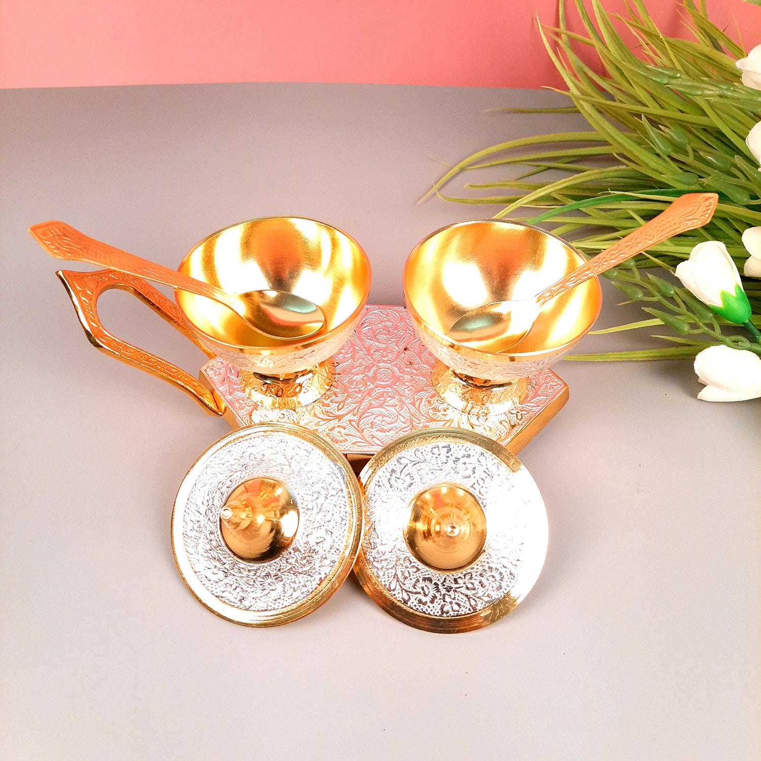 Dry Fruit Serving Bowls With Trolley | Mukhwas Bowl With Cart - For Dry Fruit, Chocolates, Mouth Freshener | Wedding & Diwali Gift Set - (LxH - 9x5 Inch) - Apkamart