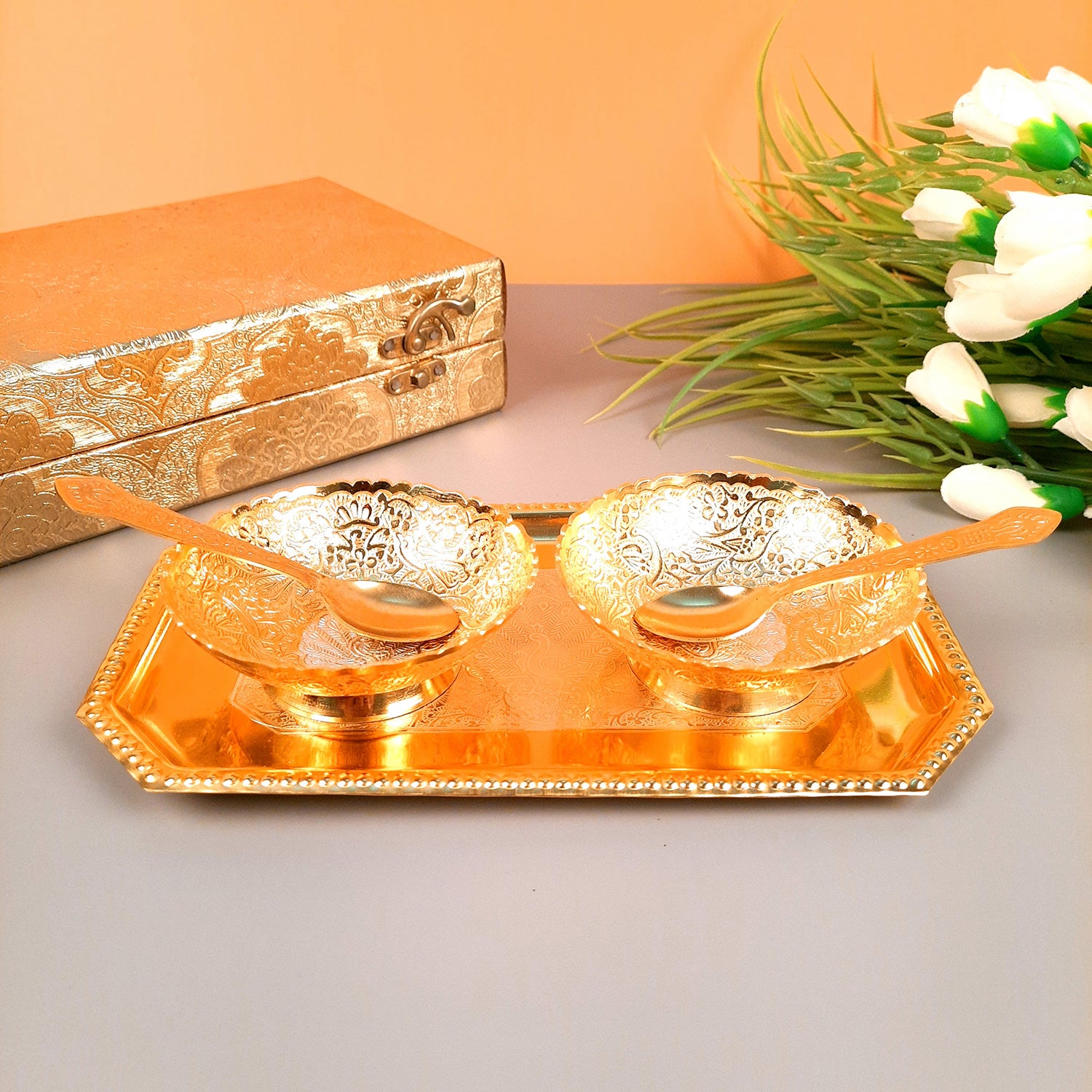 Dessert Bowls with Tray, Spoons & Gift Box | Dry Fruit/Mukhwas Serving Tray with Bowl - for Dining Table, Home & Kitchen Decor | Wedding, Housewarming & Diwal Gift Set - Apkamart