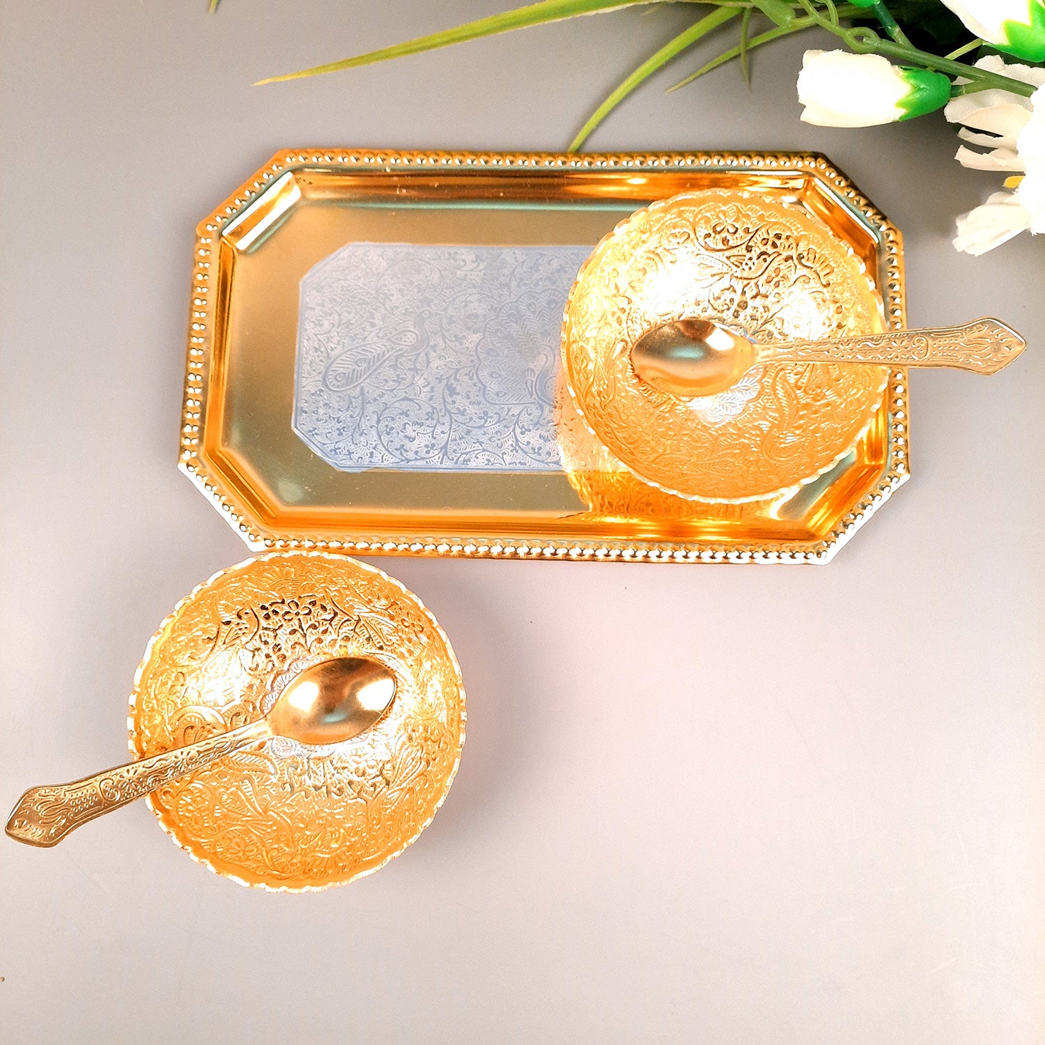 Dessert Bowls with Tray, Spoons & Gift Box | Dry Fruit/Mukhwas Serving Tray with Bowl - for Dining Table, Home & Kitchen Decor | Wedding, Housewarming & Diwal Gift Set - Apkamart