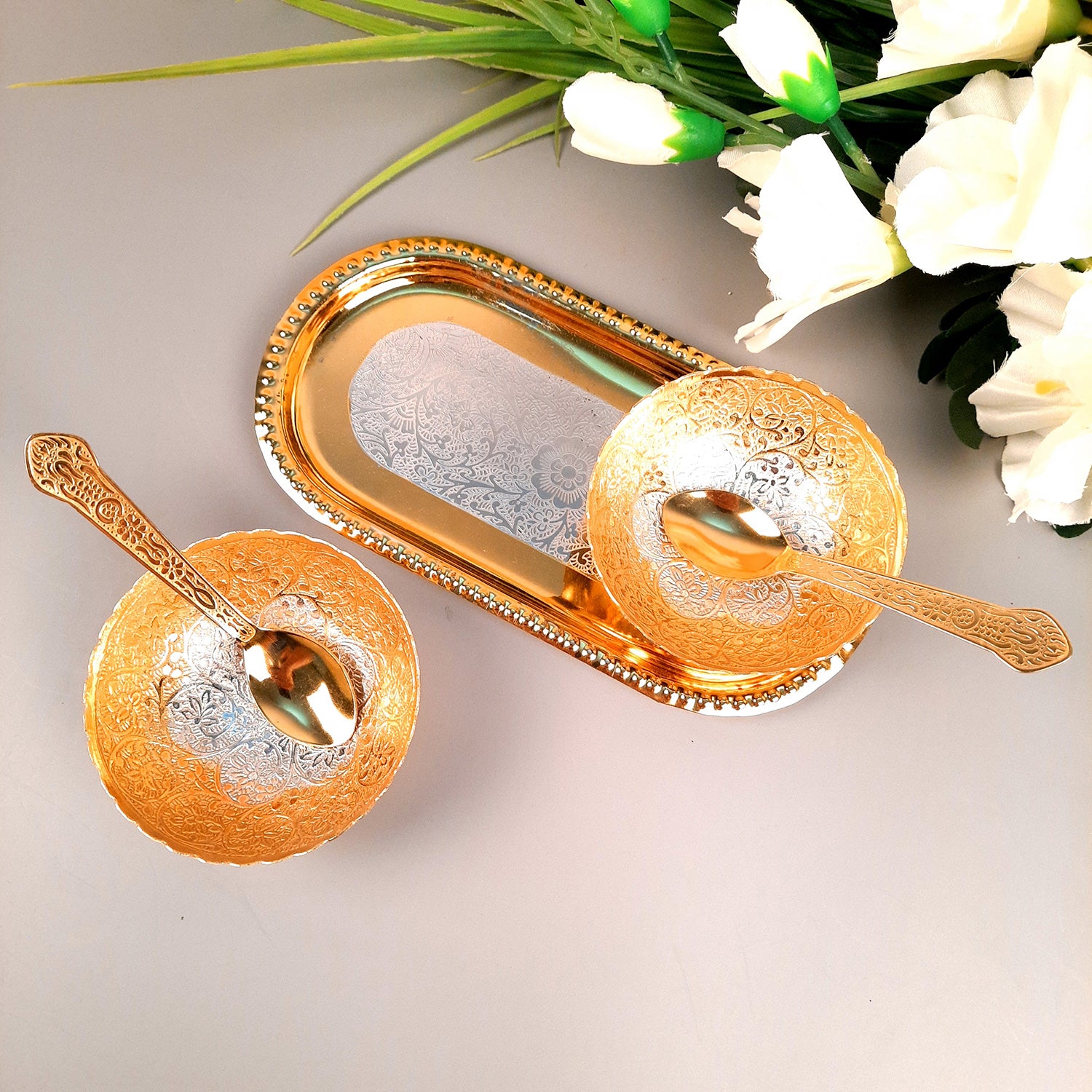 Dessert Bowls With Tray, Spoon & Gift Box | Dry Fruit / Mukhwas Serving Tray With Bowl - For Dining Table, Home & Kitchen Decor | Wedding, Housewarming & Diwal Gift Set - Apkamart