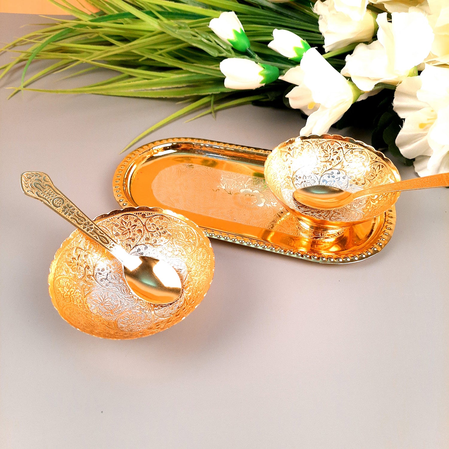 Dessert Bowls With Tray, Spoon & Gift Box | Dry Fruit / Mukhwas Serving Tray With Bowl - For Dining Table, Home & Kitchen Decor | Wedding, Housewarming & Diwal Gift Set - Apkamart