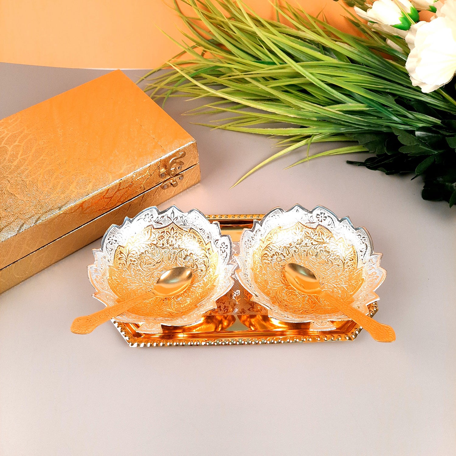 Dessert Bowl Set | Dry Fruit Serving Tray | Mukhwas / Mouth Freshener Serving Bowls - For Serving, Dining Table, Diwali Gift Set - Apkamart