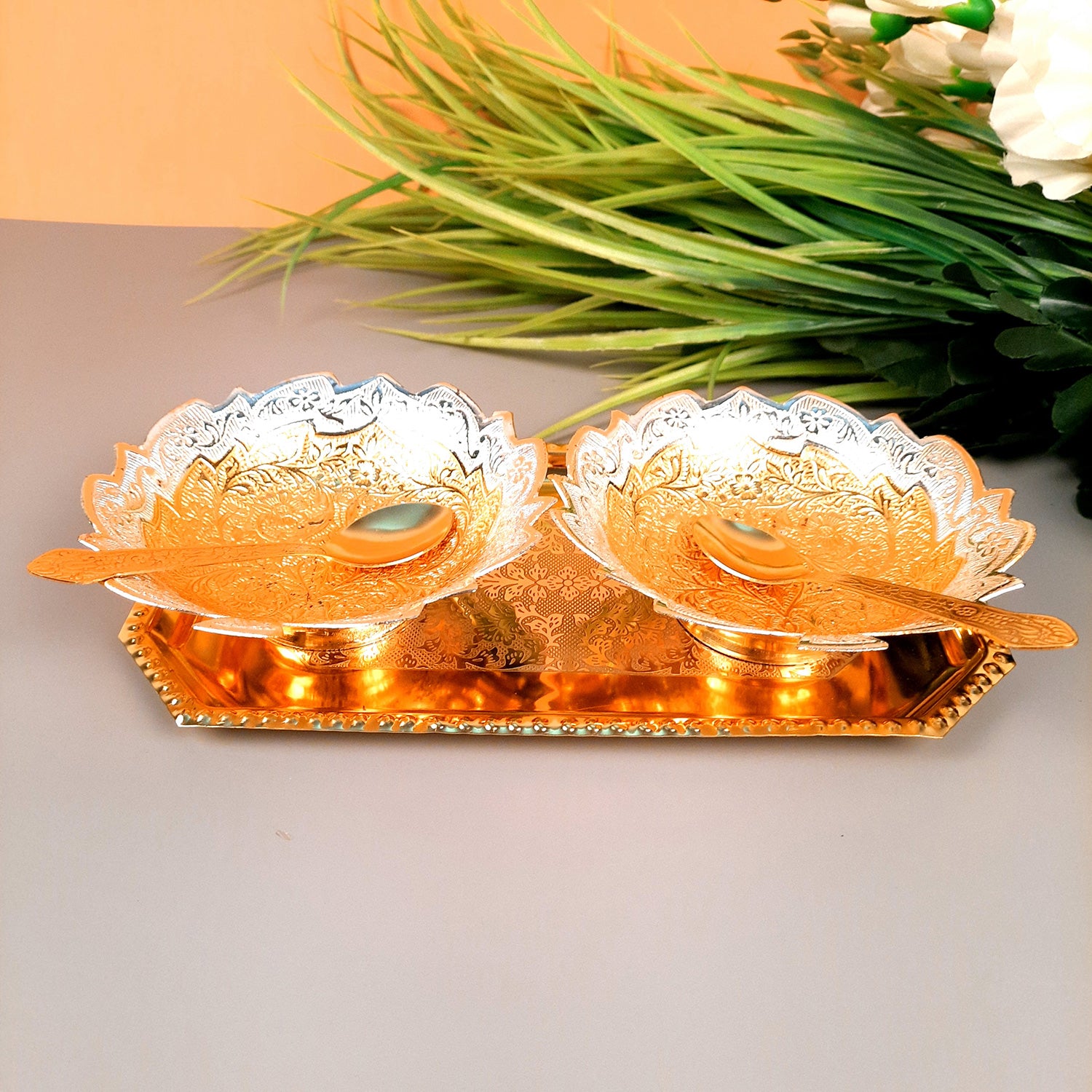 Dessert Bowl Set | Dry Fruit Serving Tray | Mukhwas / Mouth Freshener Serving Bowls - For Serving, Dining Table, Diwali Gift Set - Apkamart