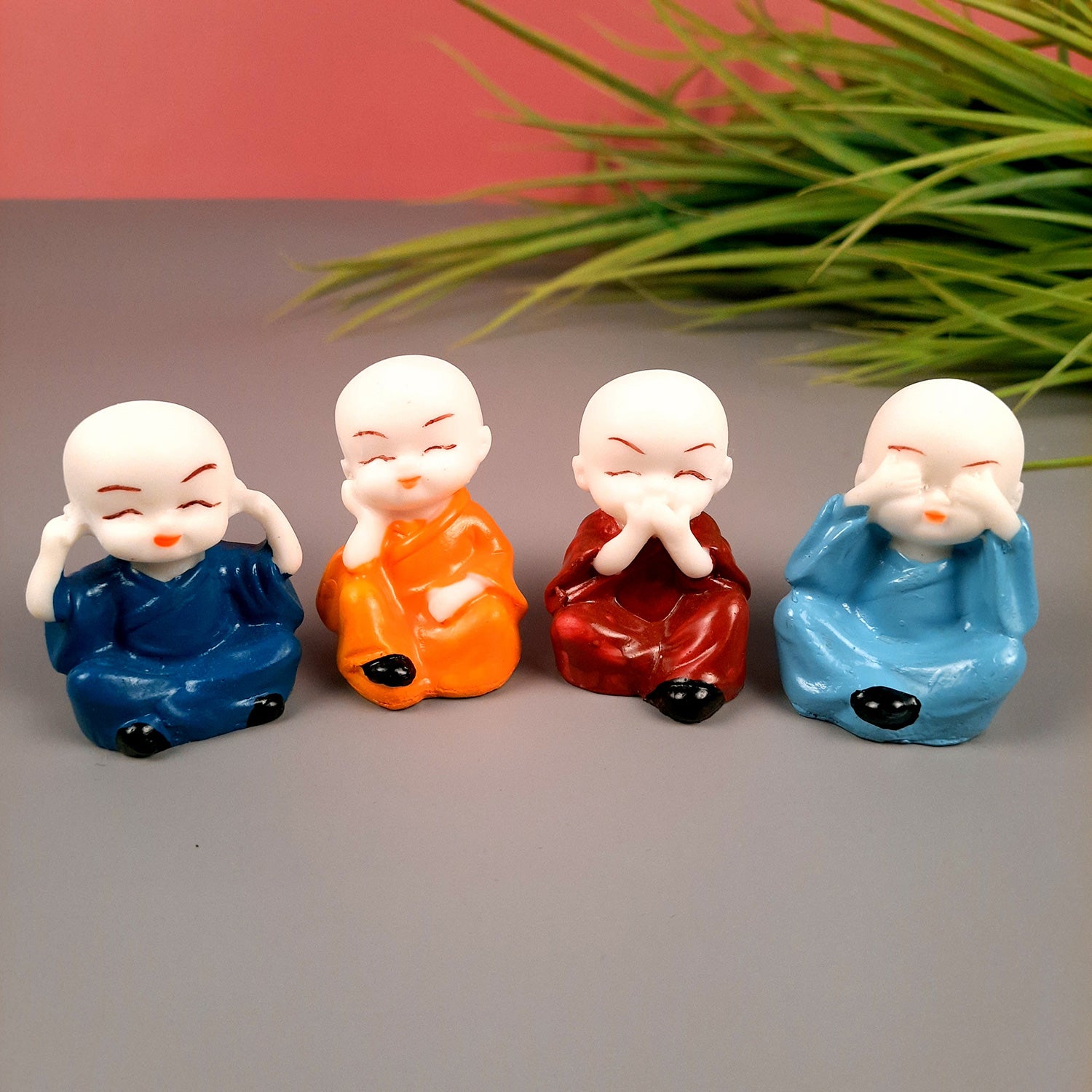 Baby Monk Showpiece Set Small | Baby Buddha Mini Statue - for Car Dashboard, Home Decor & Gifts - 2 Inch (Set of 4) - Apkamart