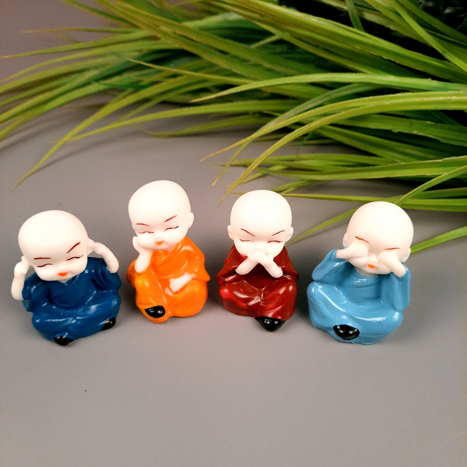 Baby Monk Showpiece Set Small | Baby Buddha Mini Statue - for Car Dashboard, Home Decor & Gifts - 2 Inch (Set of 4) - Apkamart