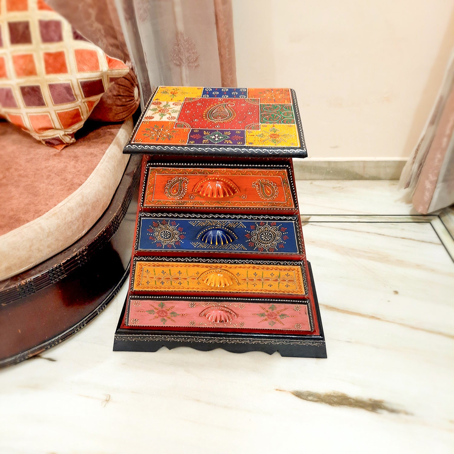 Jewellery Box with 4 Drawers | Handcrafted Jewellery Organizer for Rings, Earrings, Bangles, Watches | Decorative Jewellery Storage Box for Dressing Table - 14 Inch - Apkamart #Style_Design 2