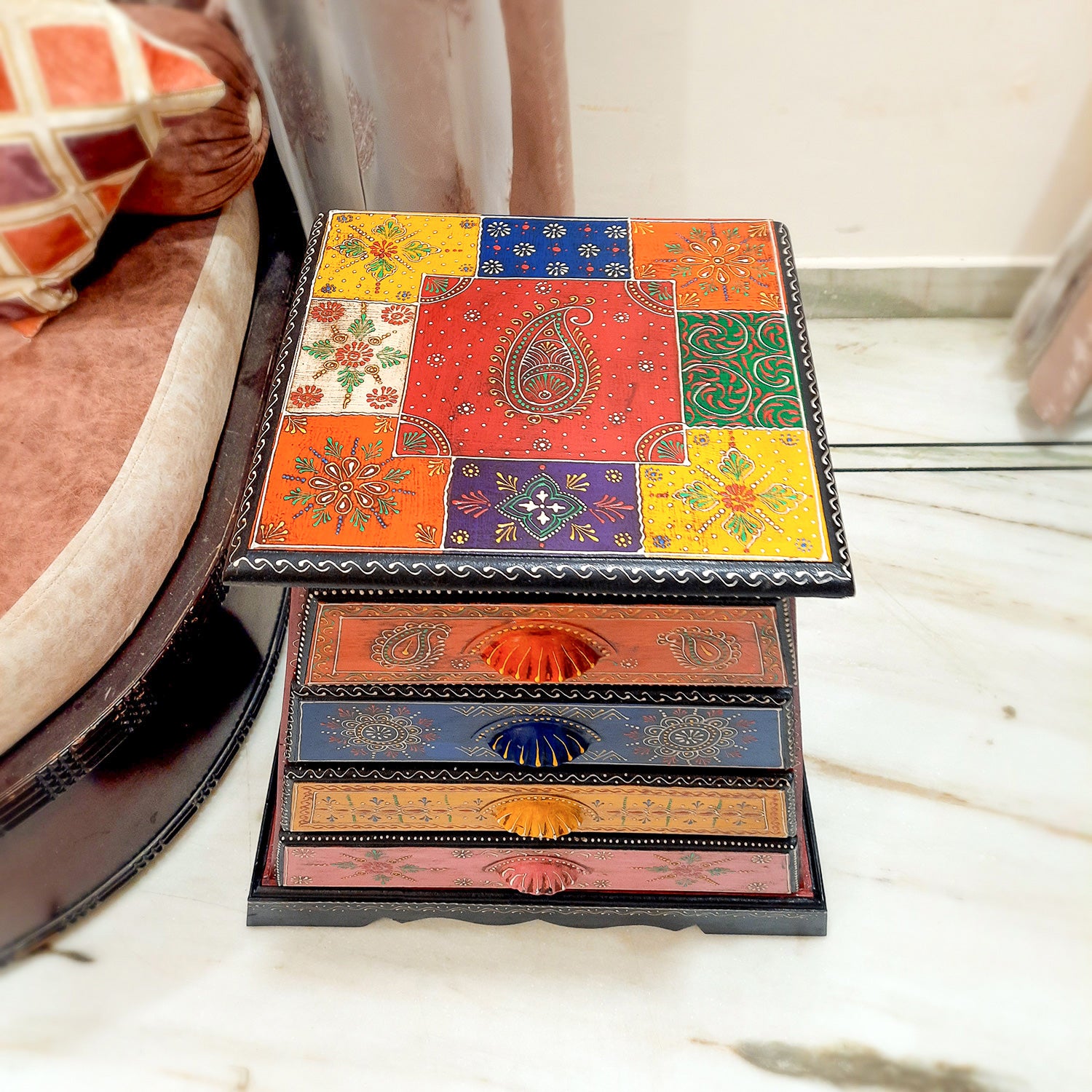 Jewellery Box with 4 Drawers | Handcrafted Jewellery Organizer for Rings, Earrings, Bangles, Watches | Decorative Jewellery Storage Box for Dressing Table - 14 Inch - Apkamart #Style_Design 2