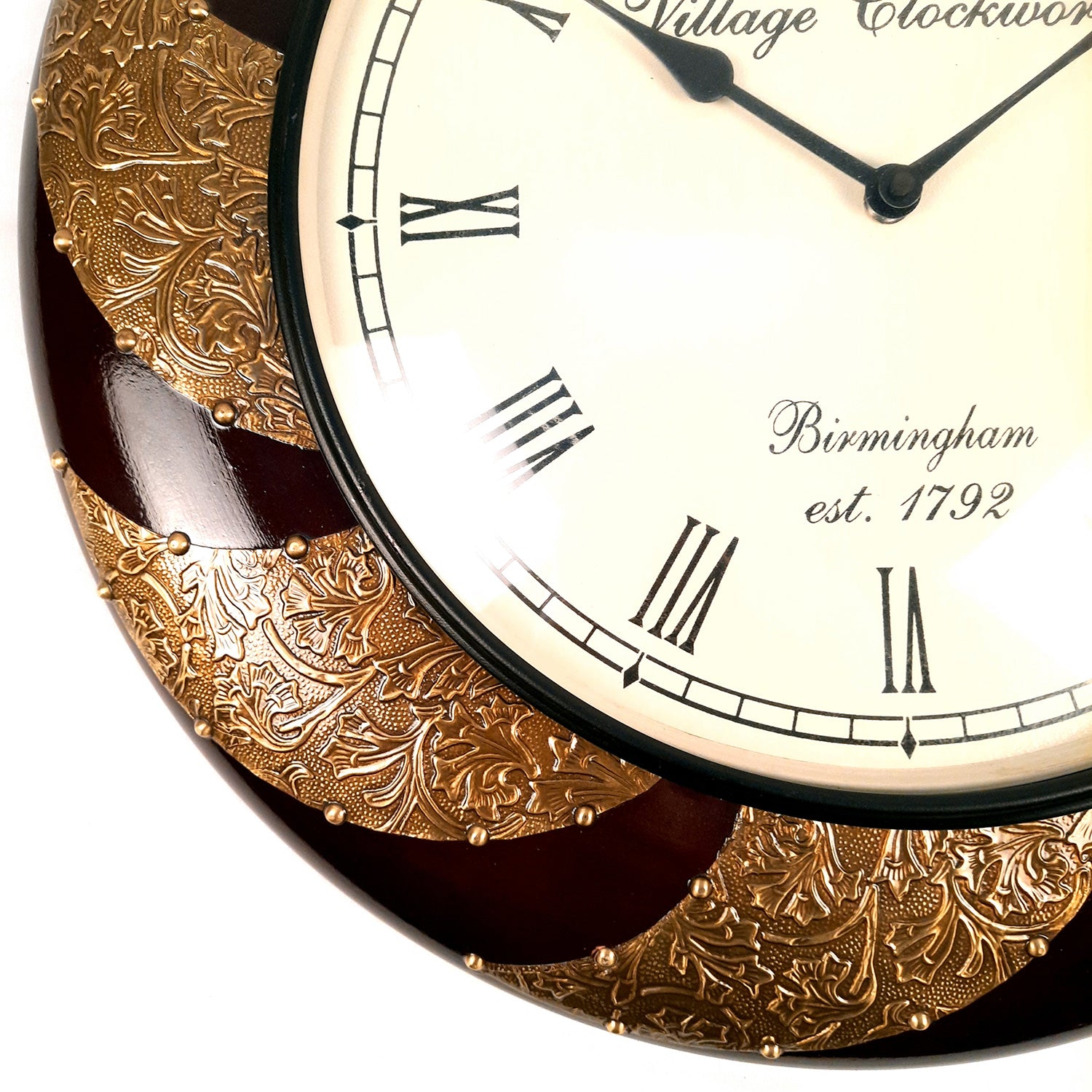 Wall Clock Wooden | Wall Mount Analogue Clock With Premium Wood Finish & Brass Work - For Home, Living Room, Bedroom, Hall Decor | Wedding & Housewarming Gift - 18 Inch - Apkamart