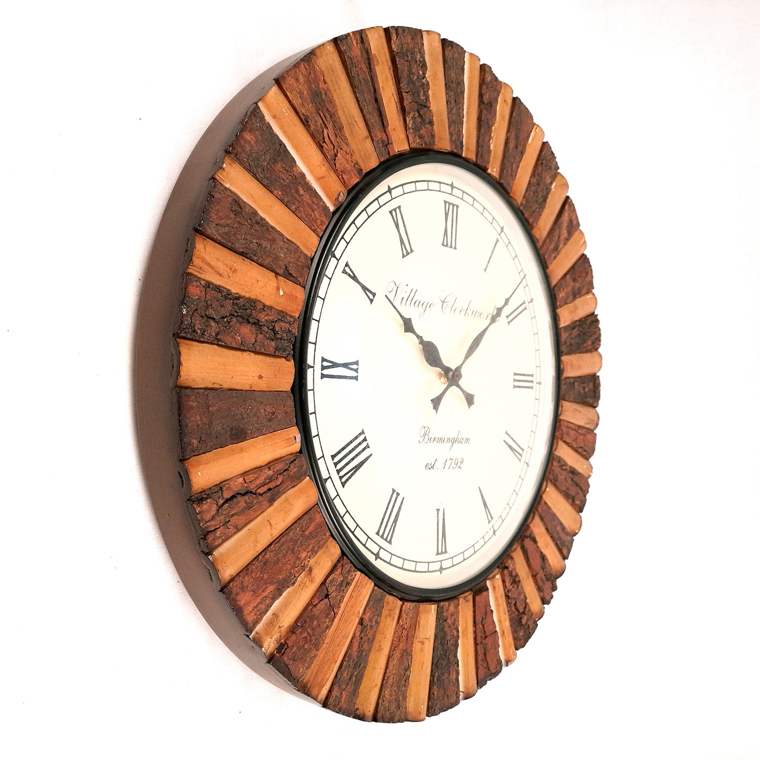 Wall Clock Wooden | Hanging Analogue Clock With Antique Brass Work - For Home, Living Room, Bedroom, Office & Hall Decoration | Wedding & Housewarming Gift - 18 Inch - Apkamart