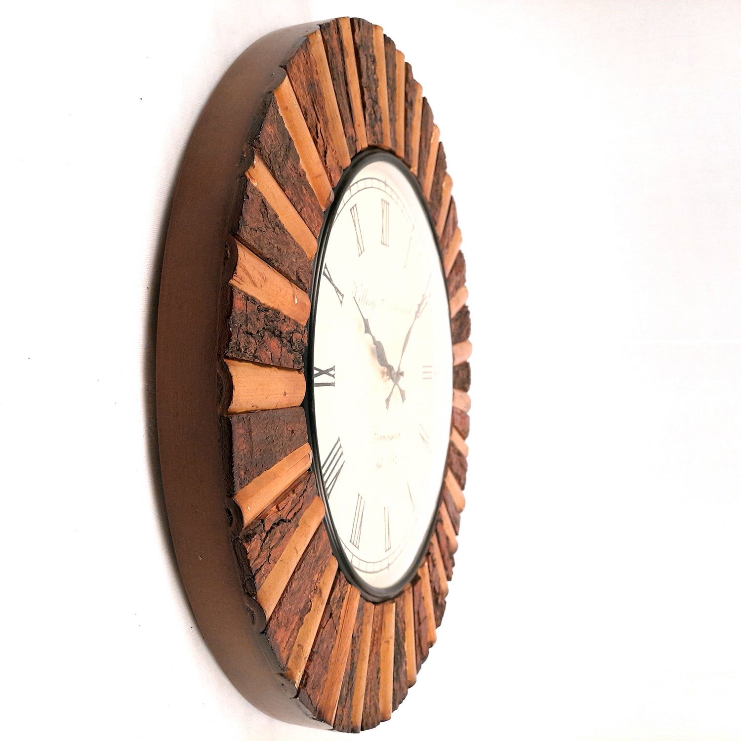 Wall Clock Wooden | Hanging Analogue Clock With Antique Brass Work - For Home, Living Room, Bedroom, Office & Hall Decoration | Wedding & Housewarming Gift - 18 Inch - Apkamart