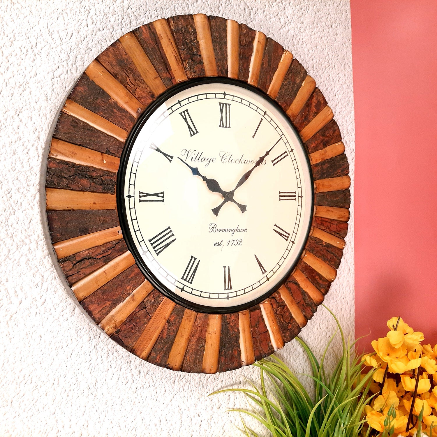 Wall Clock Wooden | Hanging Analogue Clock With Antique Brass Work - For Home, Living Room, Bedroom, Office & Hall Decoration | Wedding & Housewarming Gift - 18 Inch - Apkamart