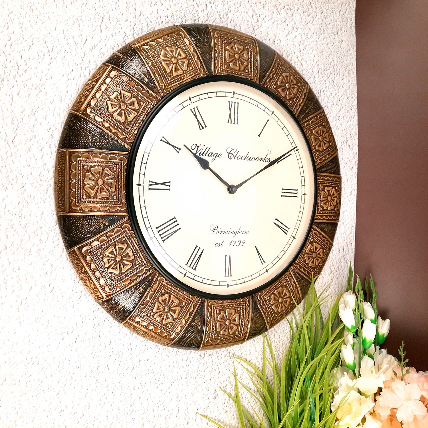 Wall Clock Vintage for Living Room | Wall Mount Clock With Antique Brass Work - For Home, Office, Bedroom, Hall Decor & Gifts - 18 Inch - Apkamart