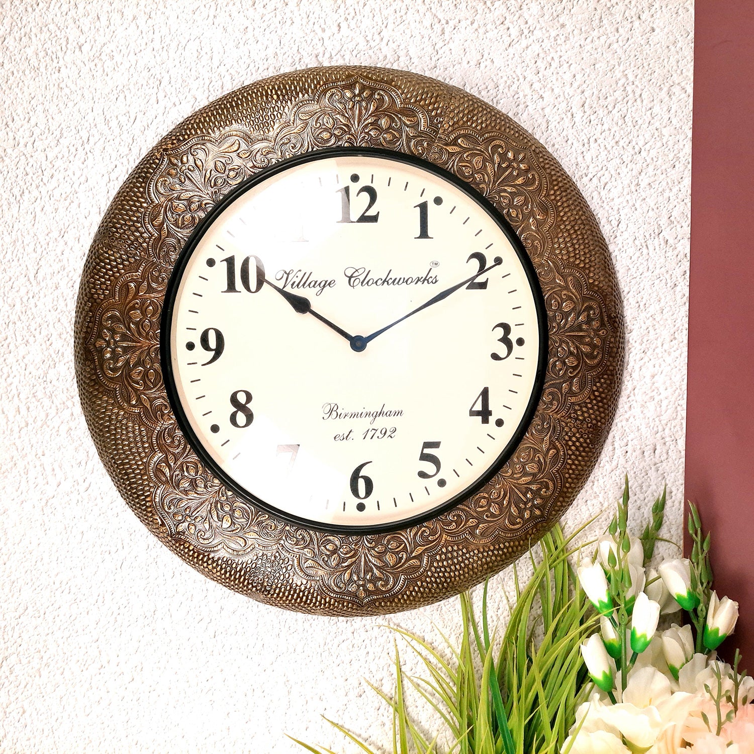 Wall Clock | Antique Clock Wall Mount With Wood & Brass Finish - For Home, Living Room, Bedroom, Office & Hall Decoration | Wedding & Housewarming Gift - 18 Inch - Apkamart