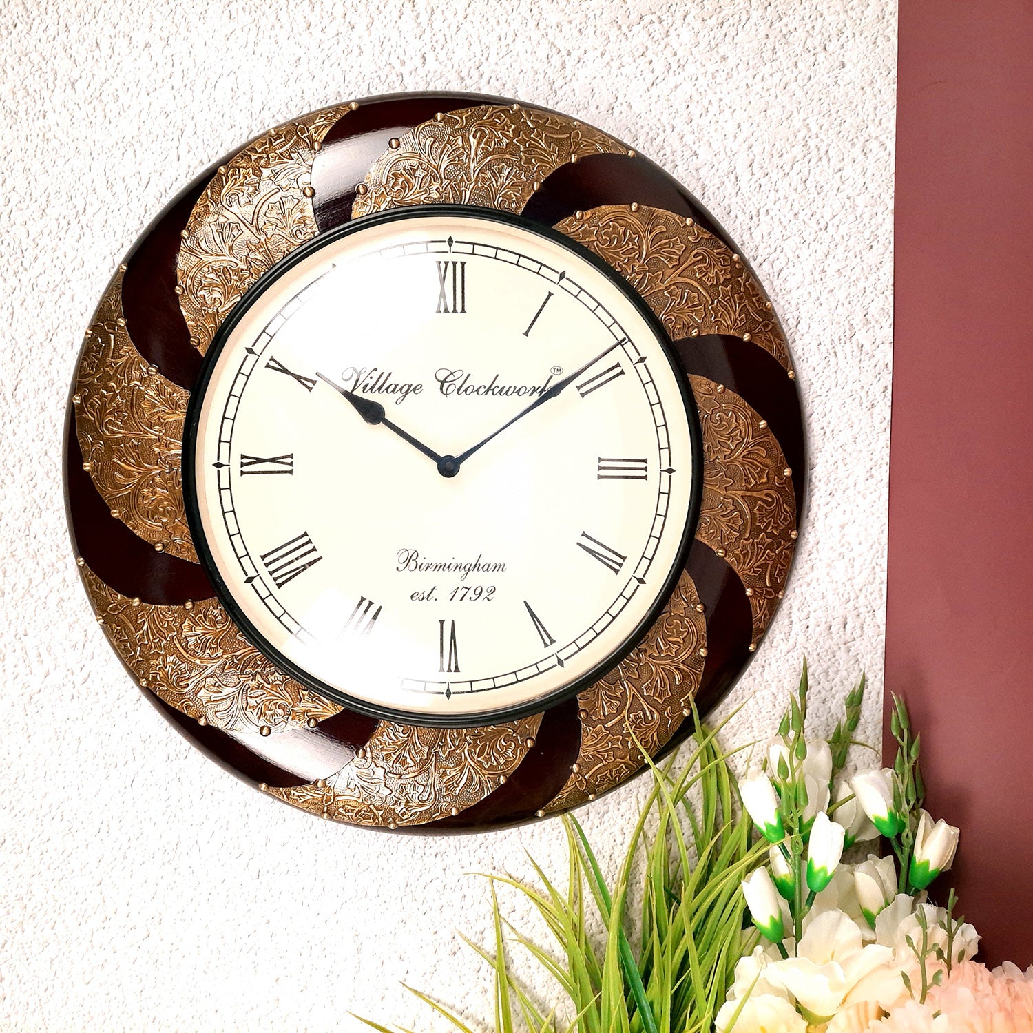 Wall Clock Wooden | Wall Mount Analogue Clock With Premium Wood Finish & Brass Work - For Home, Living Room, Bedroom, Hall Decor | Wedding & Housewarming Gift - 18 Inch - Apkamart