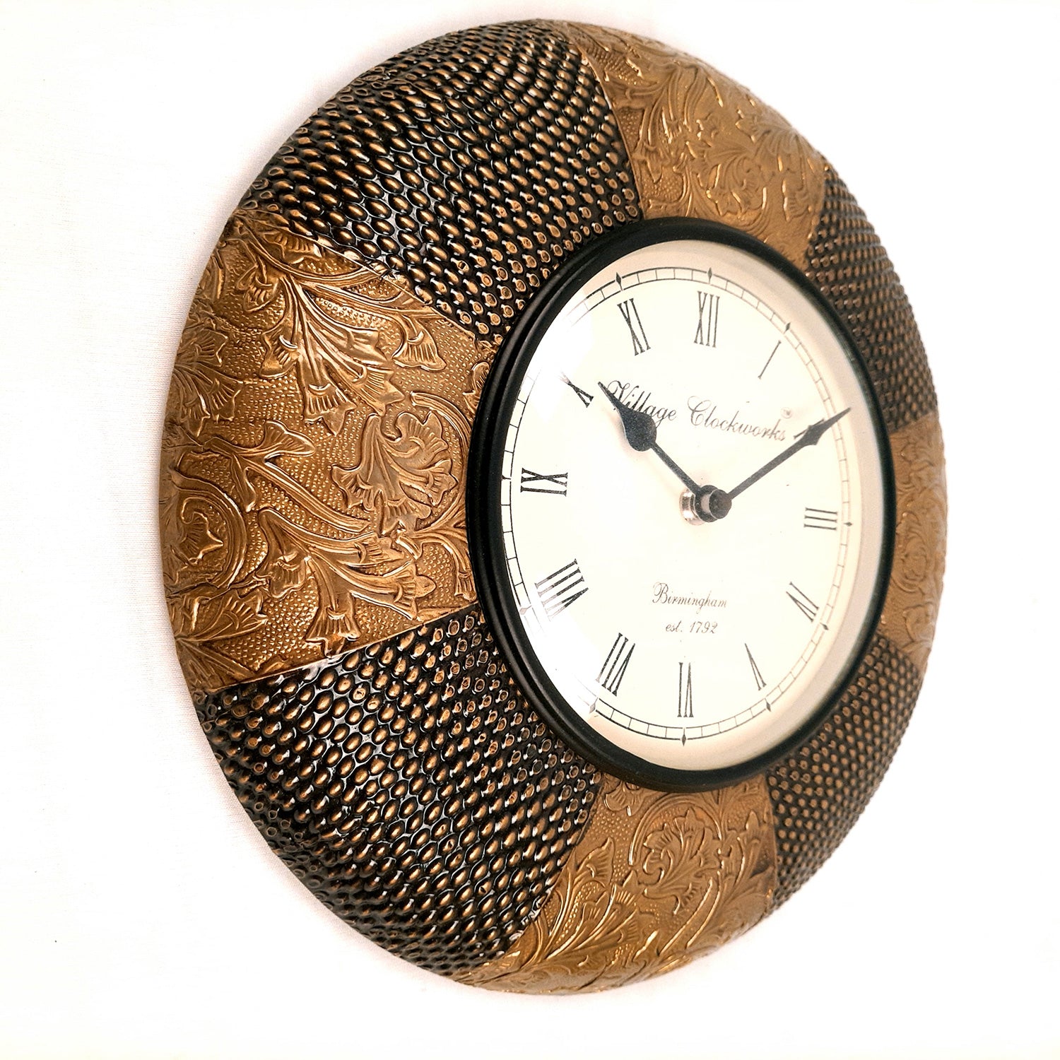 Wall Clock for Home | Wall Mount Analogue Clock With Antique Brass Work - For Living Room, Bedroom, Hall, Office Decor & Gift - 12 Inch