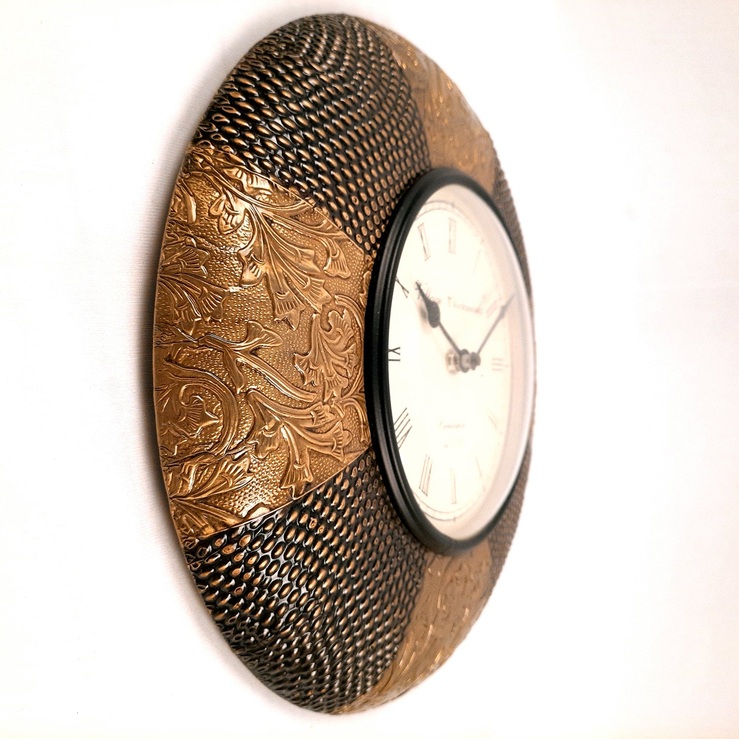 Wall Clock for Home | Wall Mount Analogue Clock With Antique Brass Work - For Living Room, Bedroom, Hall, Office Decor & Gift - 12 Inch