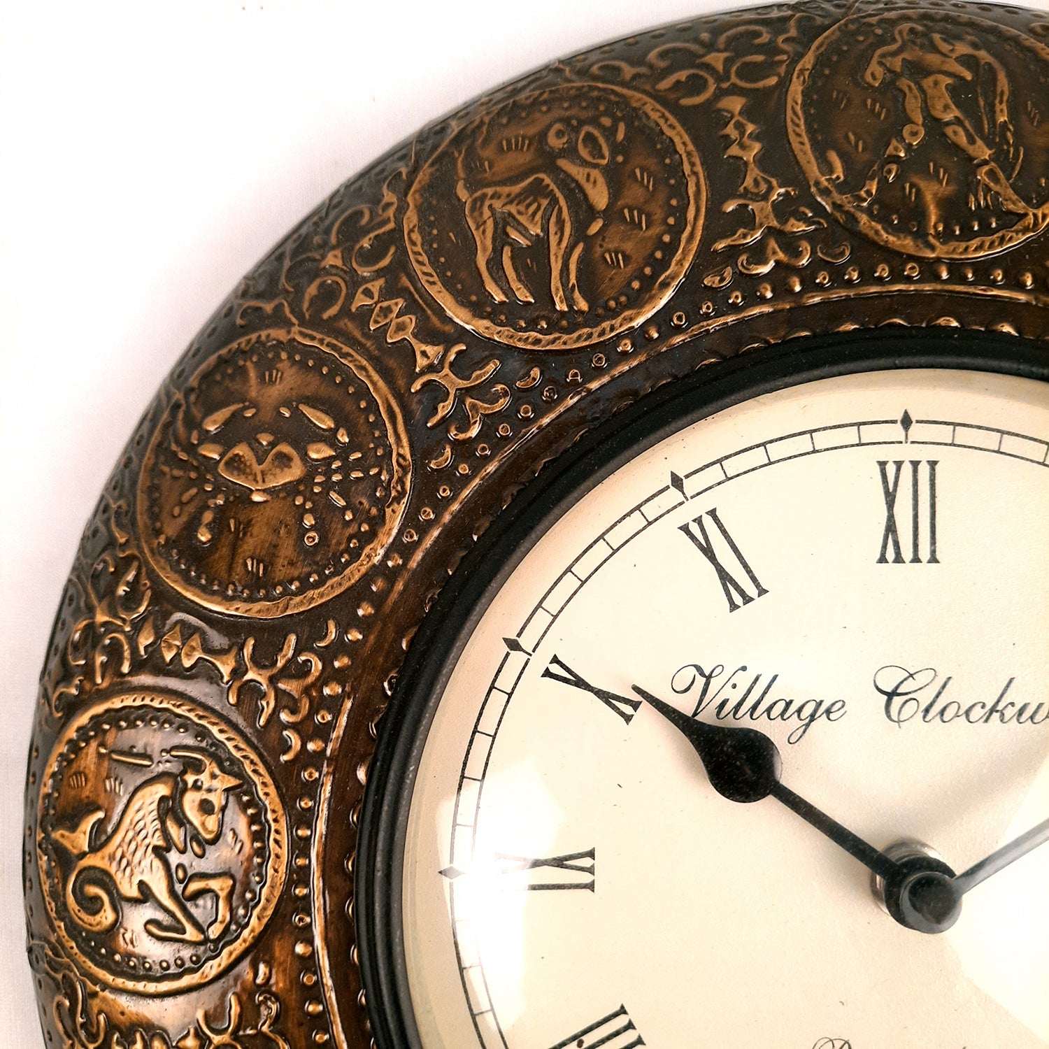 Wall Clock | Antique Clock Wall Mount With Premium Wood Finish & Brass Work | Zodiac Sign Design - For Home, Living Room, Bedroom, Office & Hall Decoration | Wedding & Housewarming Gift - 12 Inch